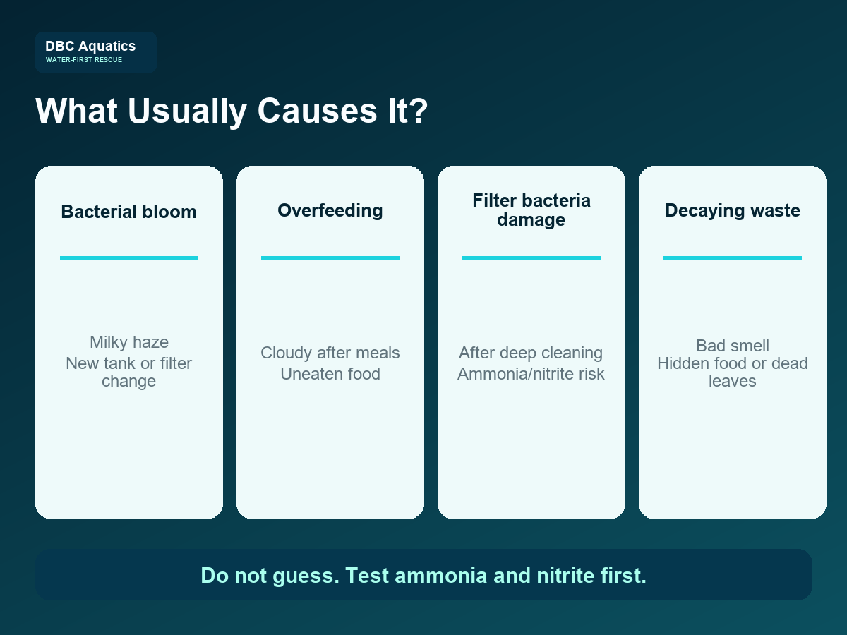 Comparison graphic for bacterial bloom, overfeeding, filter bacteria damage, and decaying waste in cloudy aquariums.