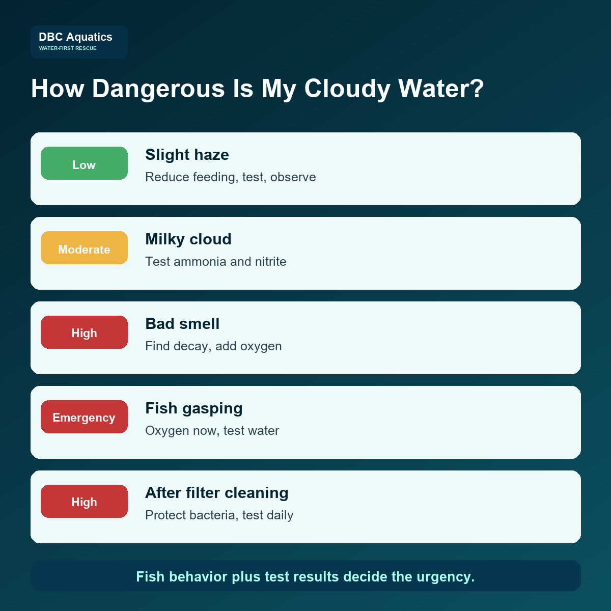 Cloudy aquarium water danger table showing low, moderate, high, and emergency risk levels.