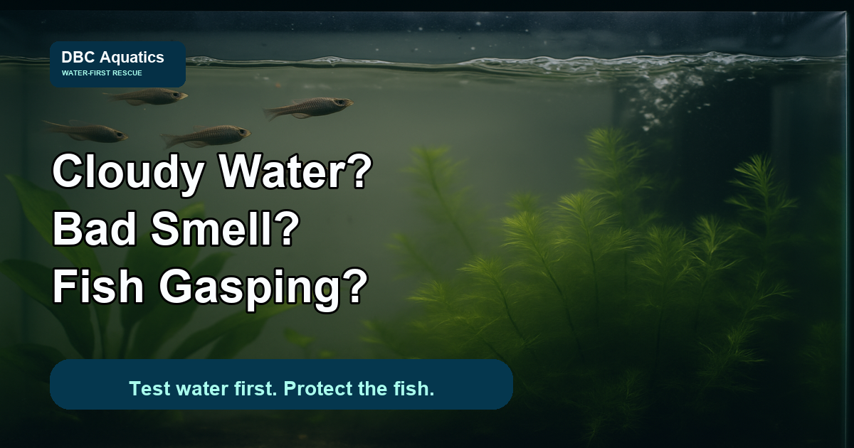 Cloudy aquarium water rescue guide visual with realistic fish and water movement.