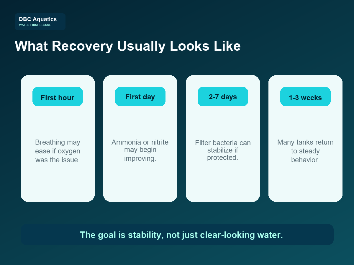 Aquarium recovery timeline for cloudy water, bad smell, and fish stress after water-quality corrections.
