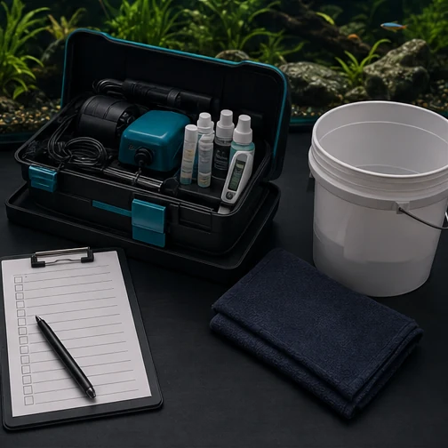 Organized aquarium emergency supply kit with air pump, conditioner, test supplies, thermometer, checklist, and clean bucket.