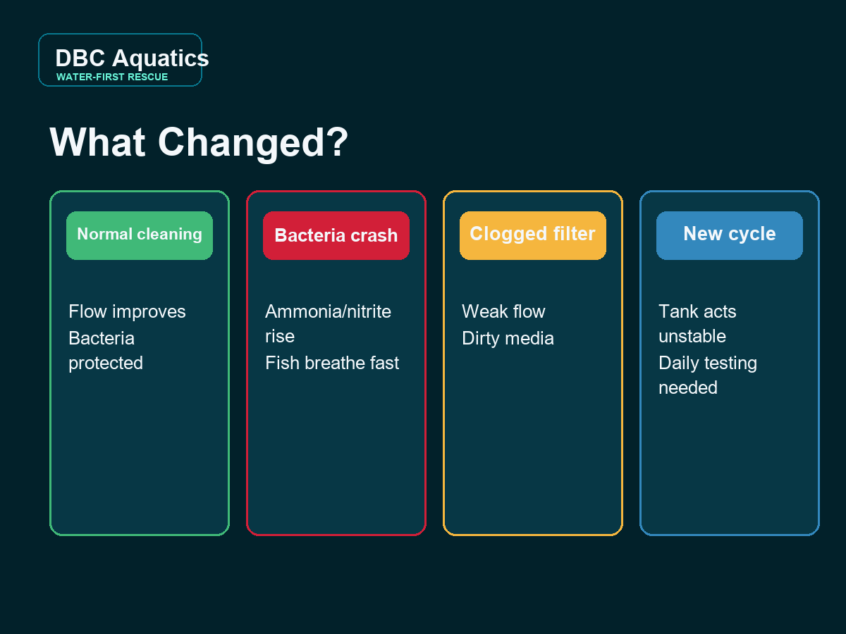 Comparison graphic showing normal filter cleaning, bacteria crash, clogged filter, and new tank cycling.