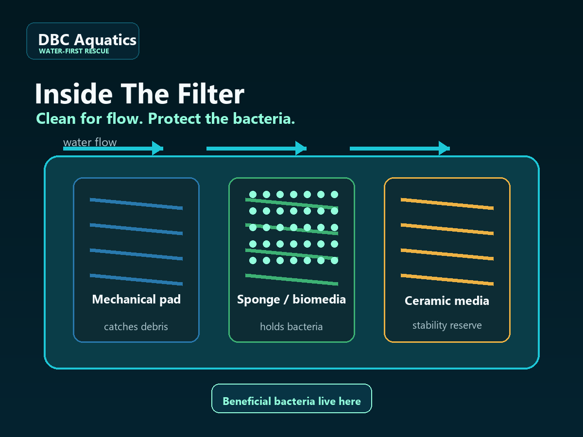 Aquarium filter cross-section showing mechanical pad, sponge biomedia, ceramic media, water flow, and beneficial bacteria.