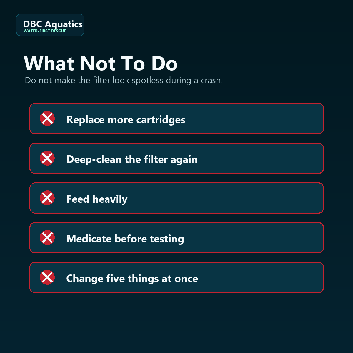 What not to do during a filter bacteria crash, including replacing more cartridges and medication first.