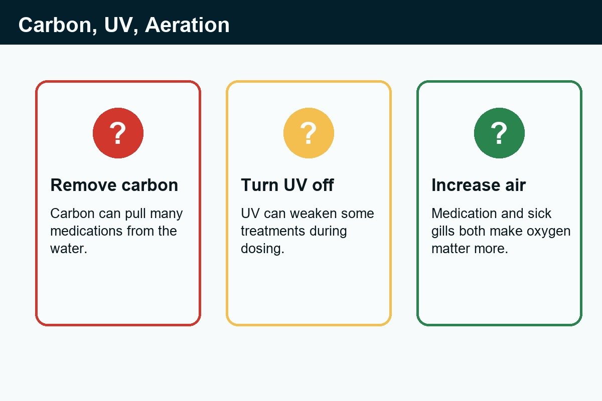 Activated carbon, UV sterilizer, and aeration notes for medicating aquarium fish.