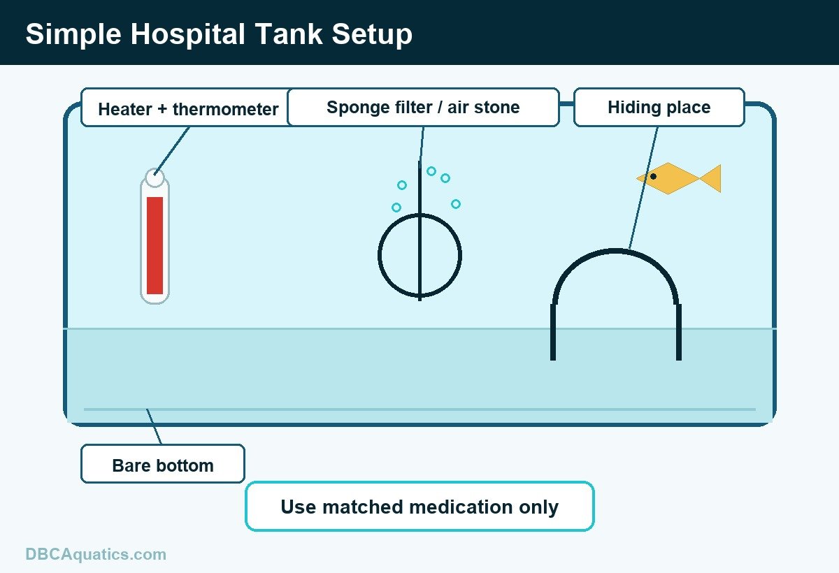 Simple hospital tank setup for treating a sick aquarium fish safely.