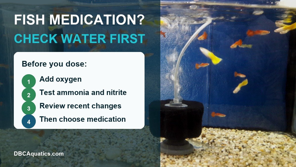 Real freshwater aquarium fish in a hospital-style tank with a water-first fish medication guide overlay.