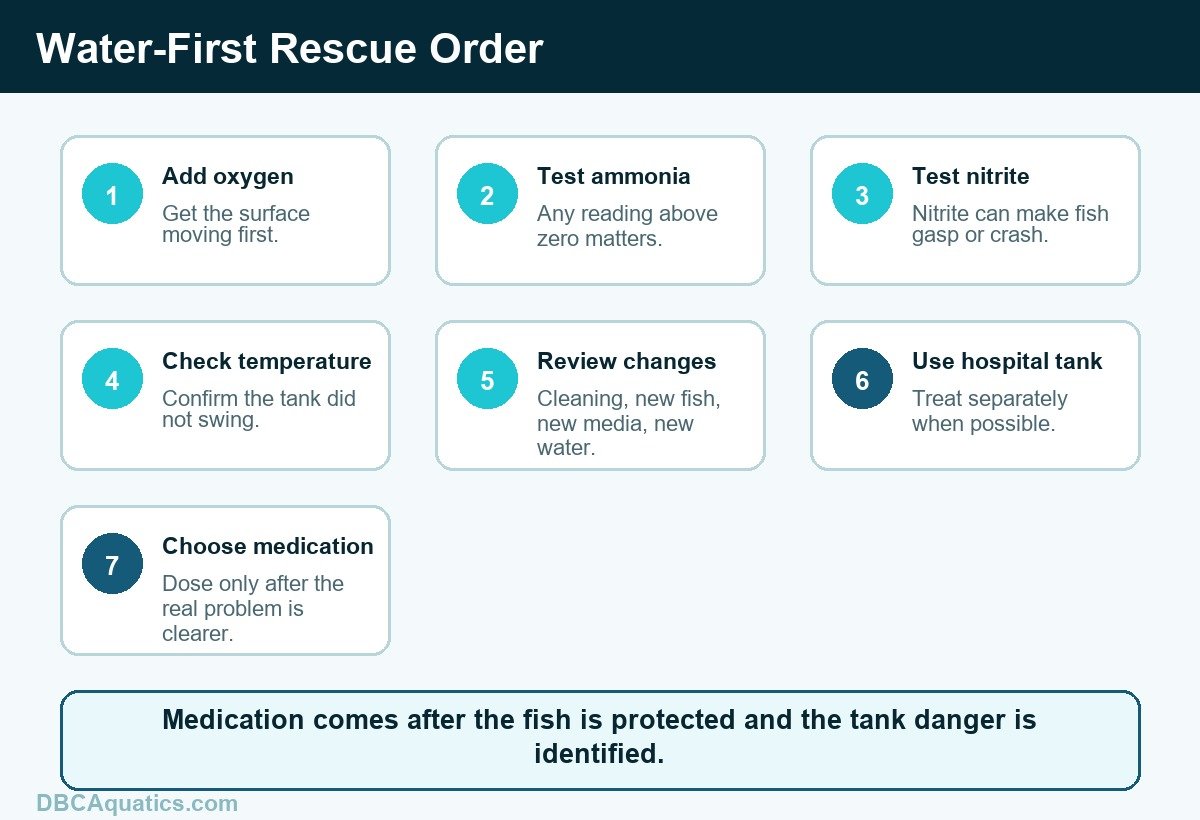 Water-first rescue order showing what to check before choosing fish medication.