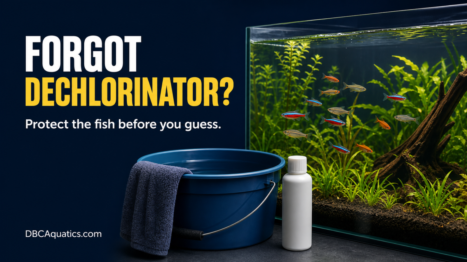 Forgotten dechlorinator aquarium rescue with fish, water-change bucket, conditioner, and a clean unobstructed rescue message.