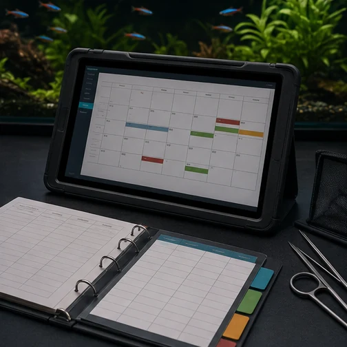 Aquarium maintenance calendar displayed on a rugged tablet beside an organized binder page.