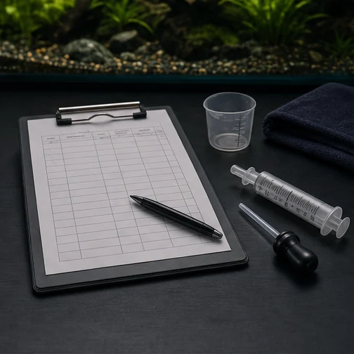 Medication tracker on a clipboard beside a needle-free measured-dose syringe, dropper, and medicine cup.