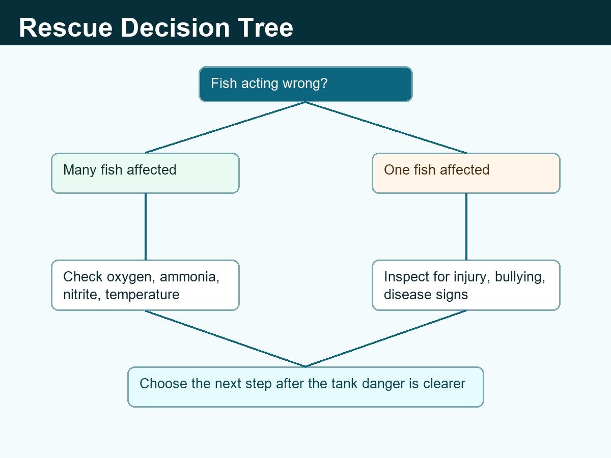 Decision tree for choosing the next safe aquarium rescue step.