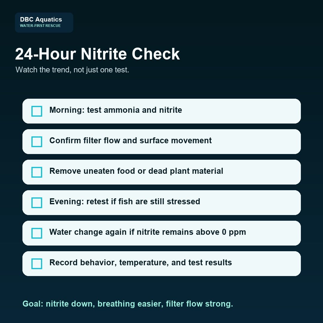 Twenty four hour nitrite monitoring checklist for aquarium rescue.