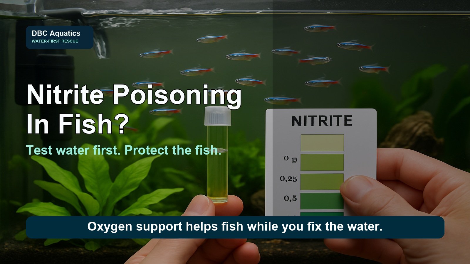 Nitrite test kit beside a freshwater aquarium with DBC water-first rescue headline and centered bottom callout.