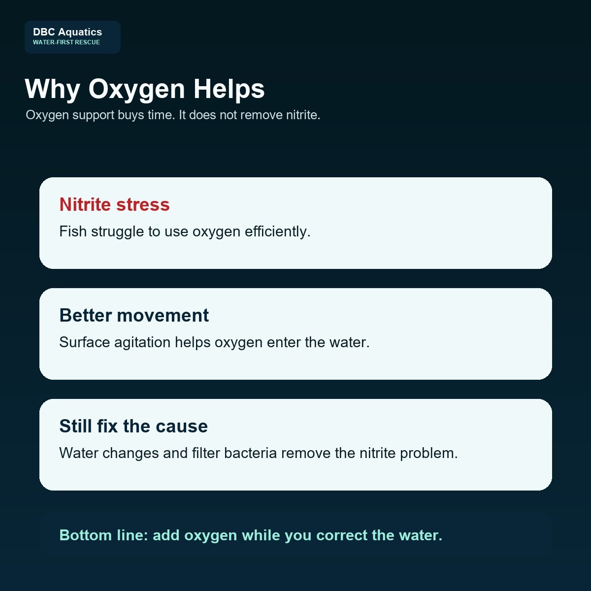 Visual explanation that oxygen support helps fish while water quality is corrected.