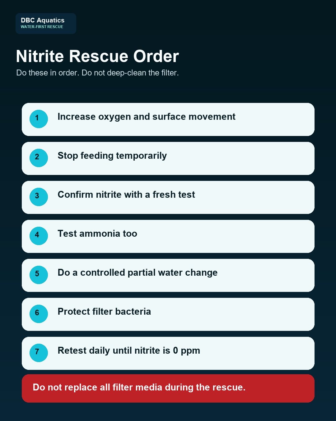Nitrite poisoning rescue order checklist for aquarium fish.