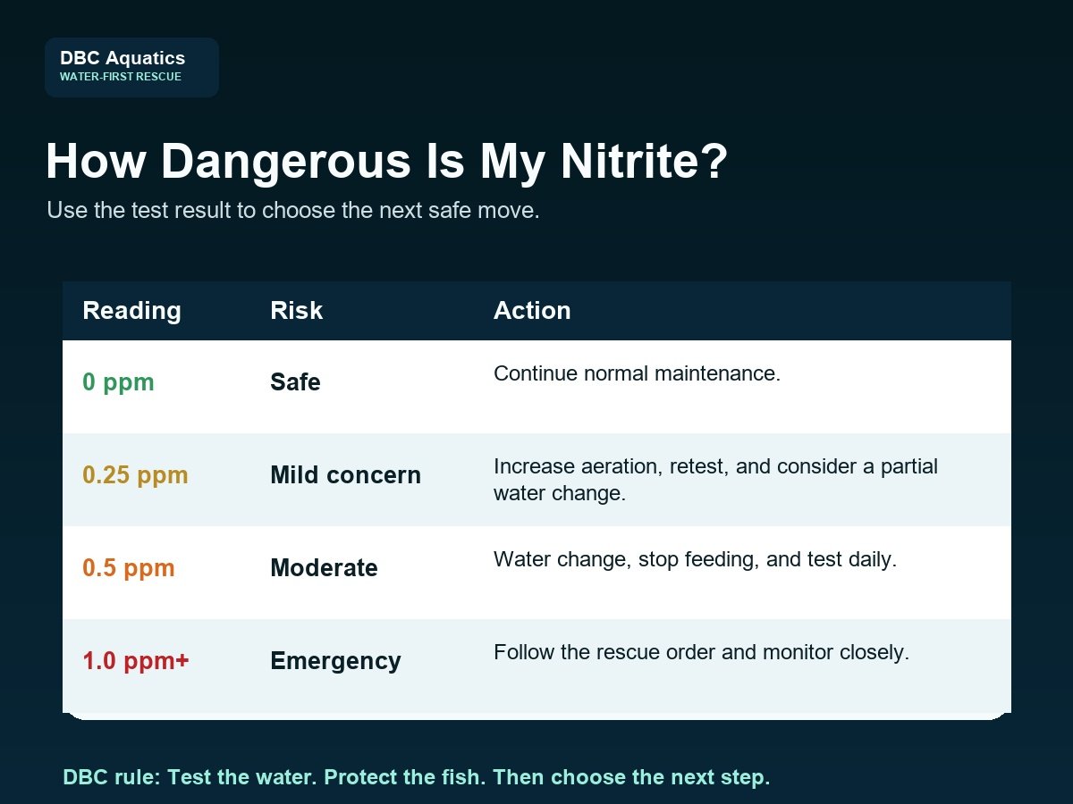Table showing nitrite readings risk level and rescue action.