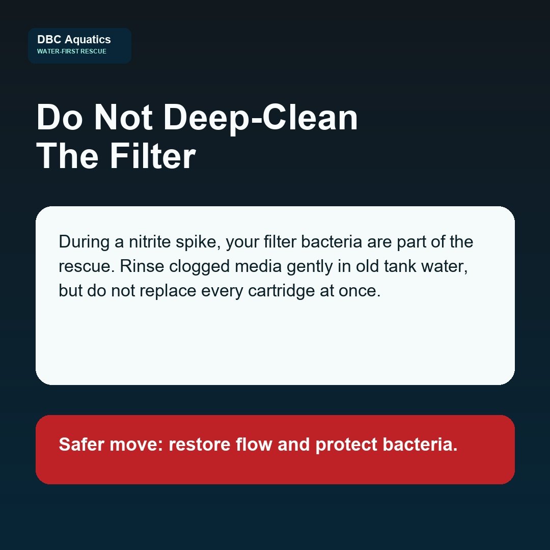 Warning card explaining not to deep clean the aquarium filter during a nitrite spike.