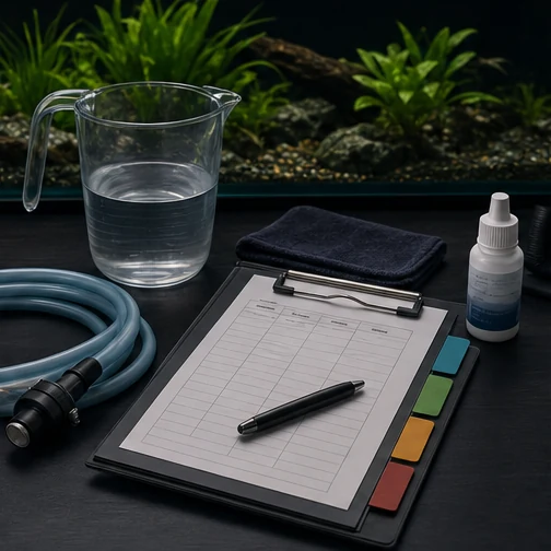 Water change log beside an aquarium hose, measuring pitcher, conditioner, and folded aquarium towel.