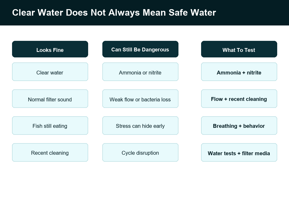 Comparison chart explaining why clear aquarium water can still have ammonia, nitrite, weak filter flow, or recent cleaning risks.