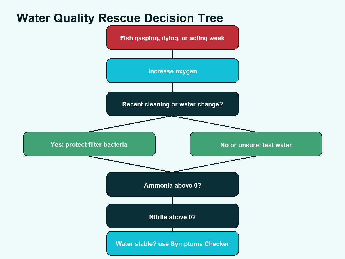 Water Quality Rescue decision tree showing oxygen, recent cleaning, filter bacteria, ammonia, nitrite, and symptoms checker paths.