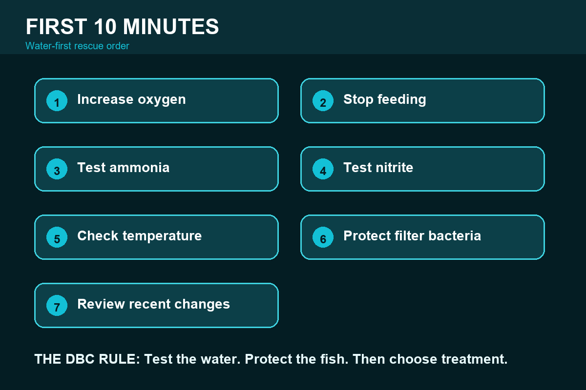 First 10 minutes aquarium water emergency checklist showing oxygen, feeding pause, ammonia, nitrite, temperature, filter bacteria, and recent changes.