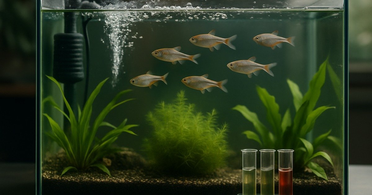 Realistic freshwater aquarium with fish near surface movement and water test kit, representing the Water Quality Rescue Hub.
