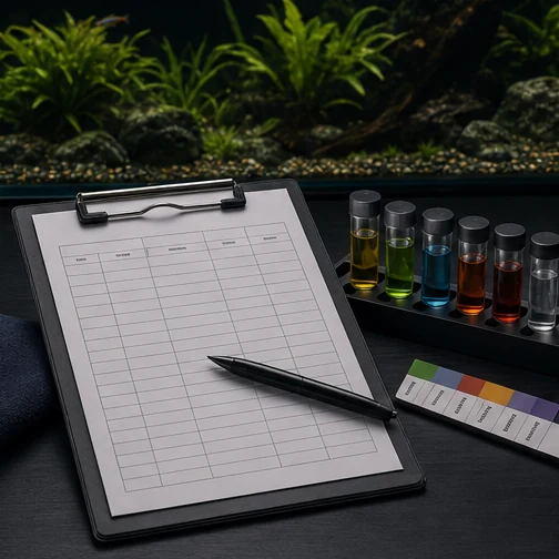 Water test log on a black clipboard beside freshwater test vials and a test color chart.