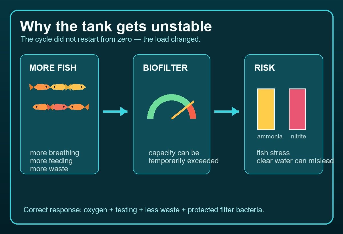 Diagram showing how adding more fish increases waste, temporarily exceeds biofilter capacity, and raises ammonia and nitrite risk without restarting the nitrogen cycle from zero.