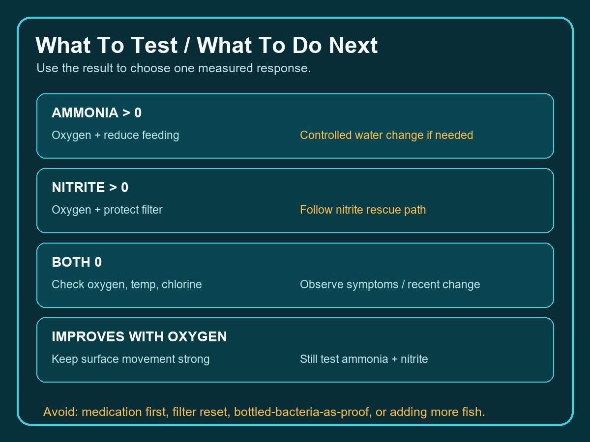 Decision visual for what to test after adding too many fish and what measured action to take for ammonia, nitrite, normal tests, or oxygen response.