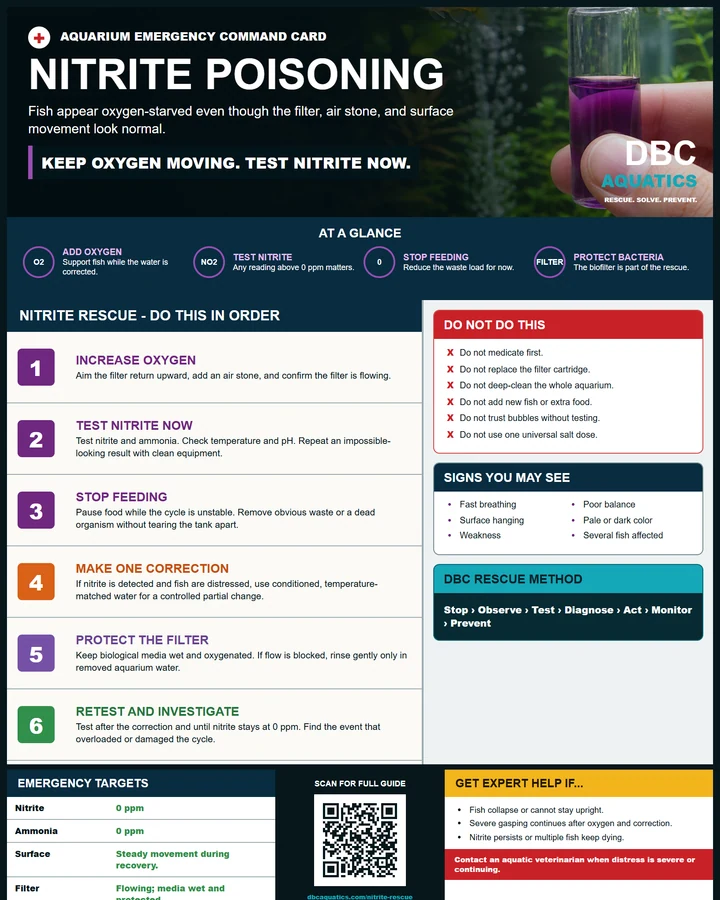 Nitrite Poisoning DBC Emergency Command Card preview with a violet positive nitrite test vial.